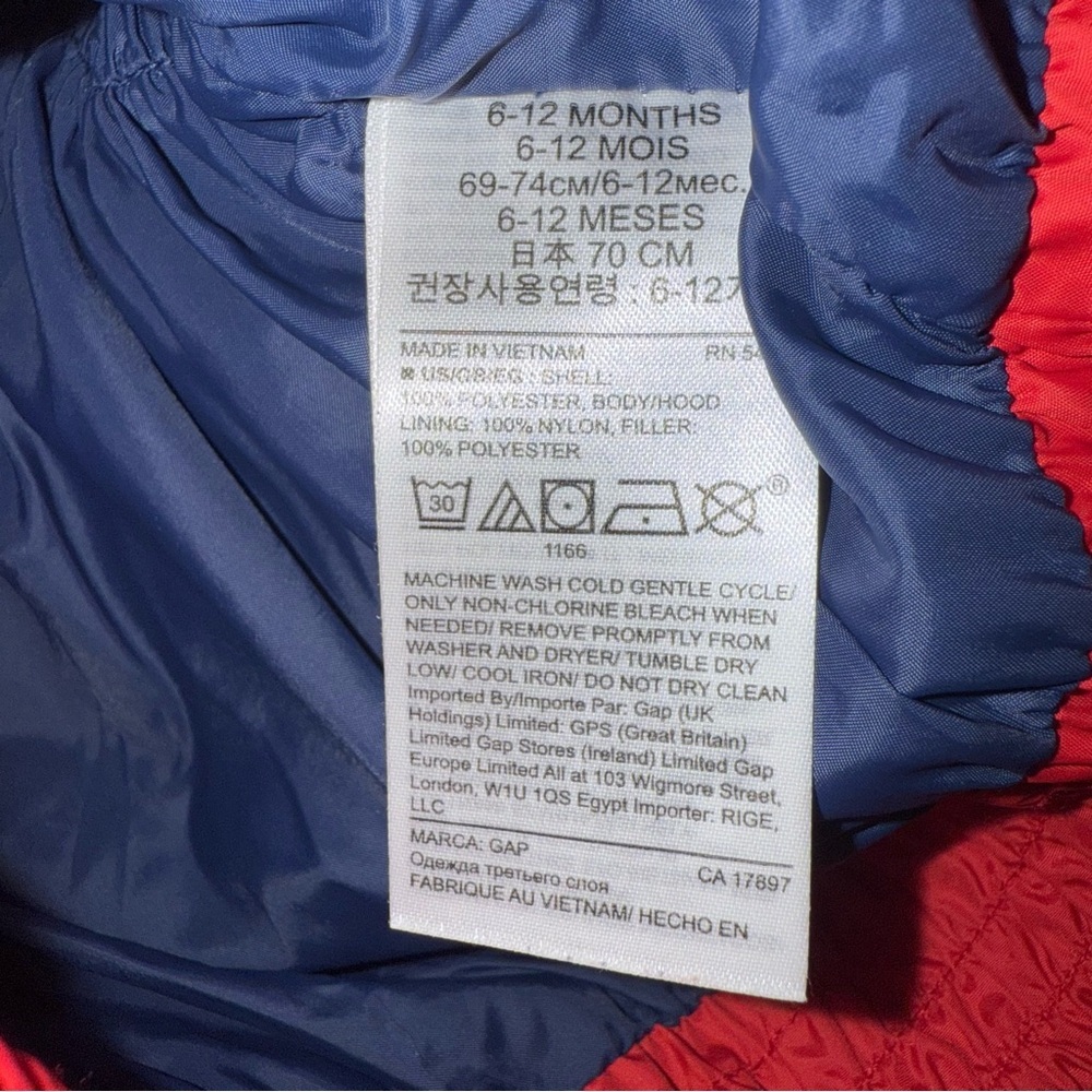 Baby Gap Red And Blue Hooded Puffer Vest Baby Size 6-12mo Warmest Vest - Picture 3 of 4